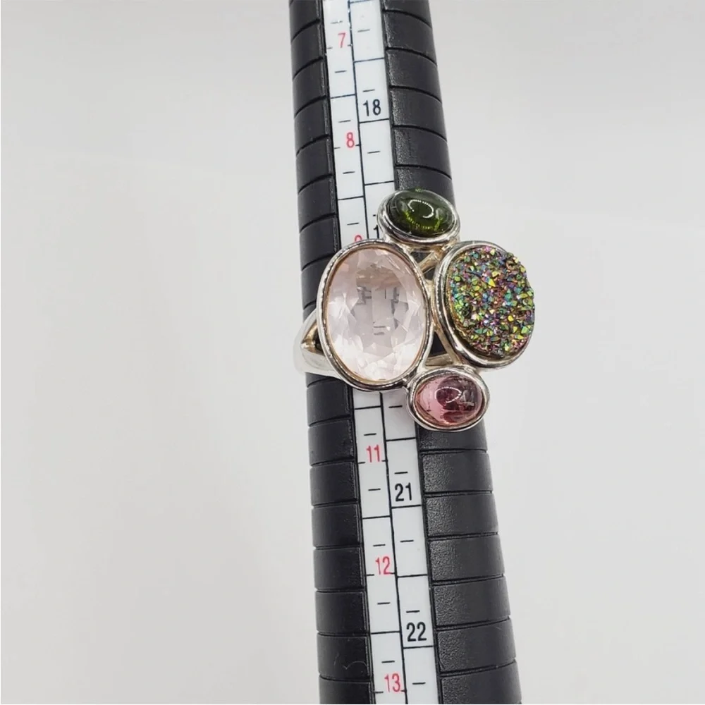 925 Sterling Silver Pink & Green Tourmaline - Pink & Druzy Quartz Statement Ring - Picture 7 of 8